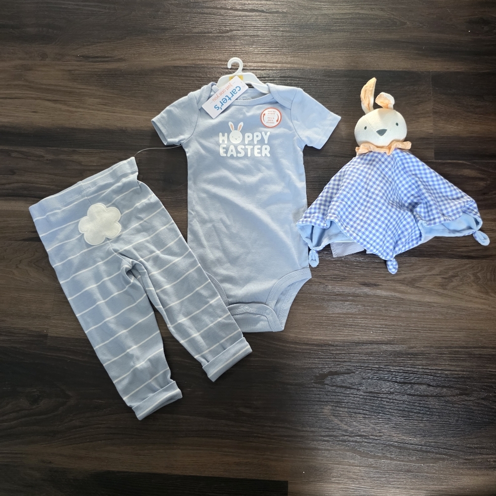 Carter's Baby Blue "Hoppy Easter" One-Piece Set And Security Blanket NWT.